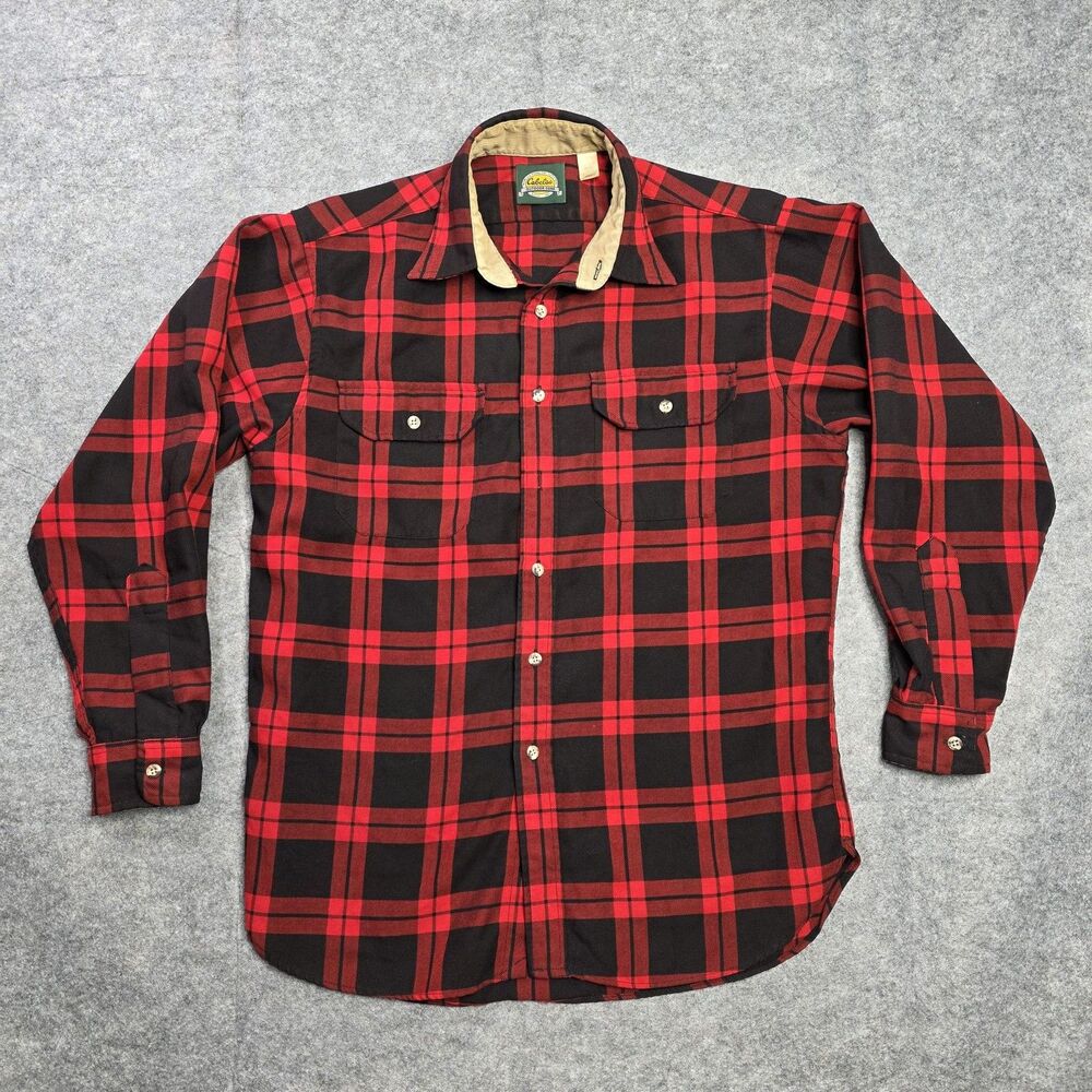 Vintage Cabela's Red Black Flannel Corduroy Collar Shirt Mens Large Made USA 90s
